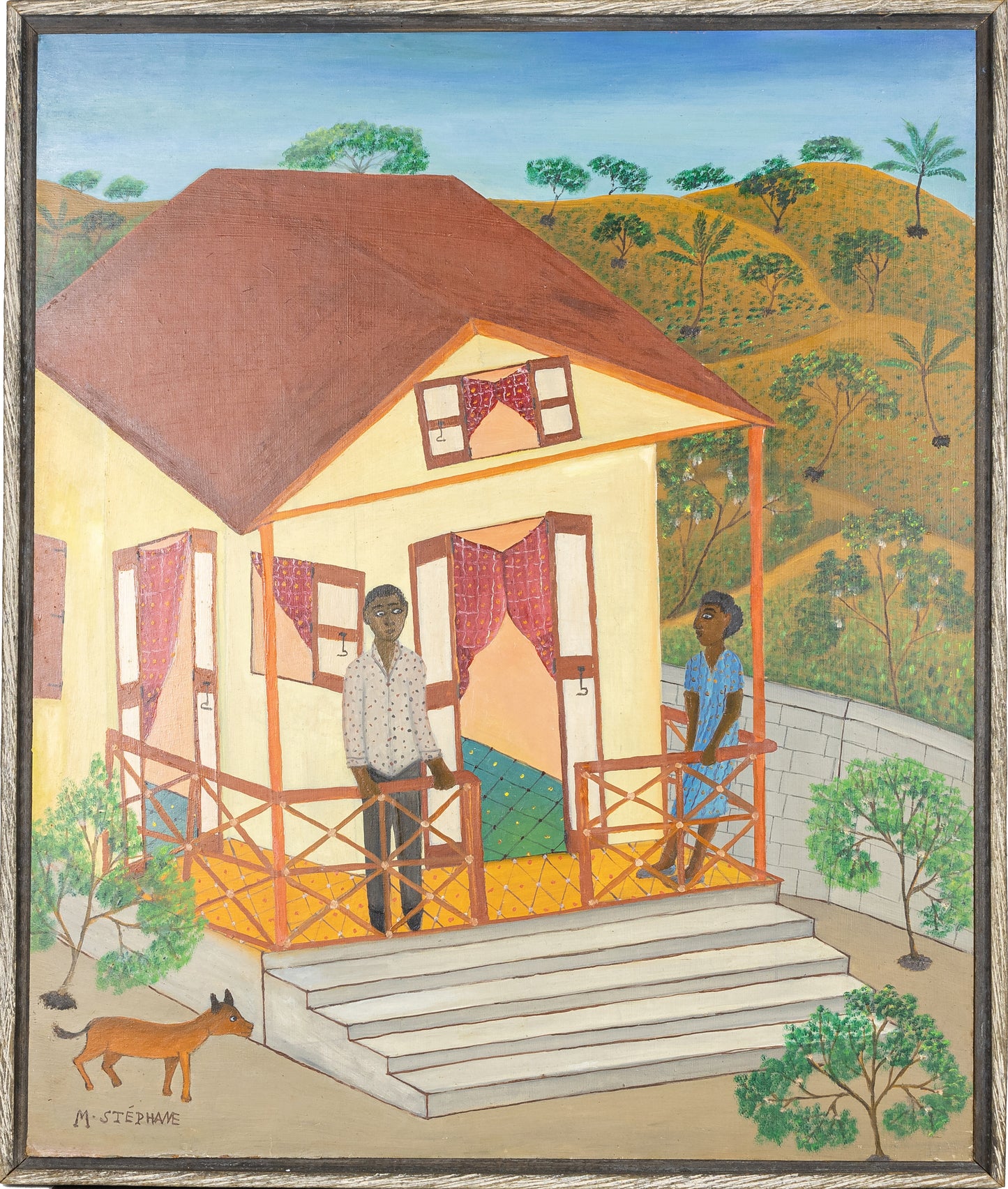 Micius Stephane (1912-1996) 24"x20" Couple sur un porche C1980 Huile sur planche Peinture encadrée #3SS