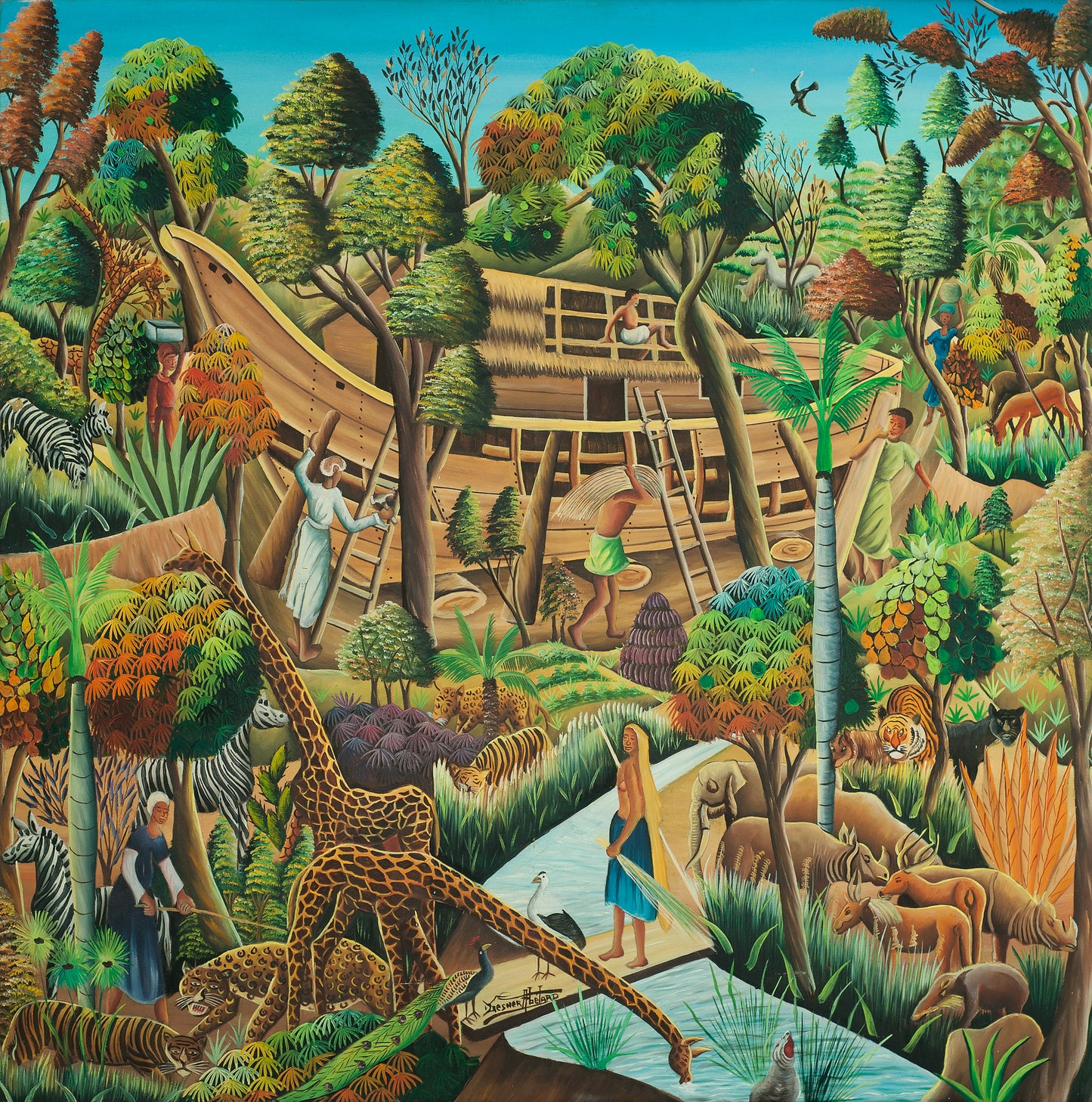 Gesner Abélard (Haïtien, 1922-DCD) 48"x48" Arche de Noé c1977 Huile sur toile Peinture non encadrée #4-3-96GSN-Fondation Marie &amp; Georges S. Nader