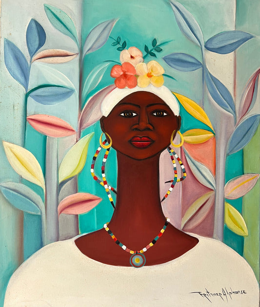 Fritzner Alphonse (Haitian, 1938-2006) 35.5"x30" Elegant Lady With Hat Oil on Canvas Unframed Painting #1MG