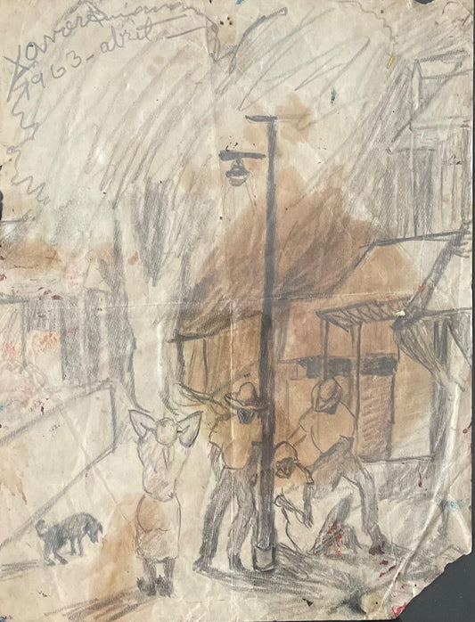 Xavier Amiama (1910-Haiti 1969)  8"x6.25" UNTITLED 1963 Crayon Ink on Paper Framed Drawing #12-3-96MFN