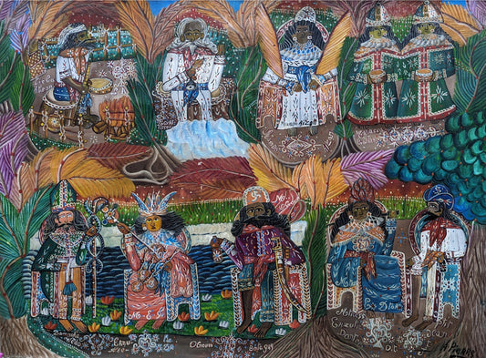 Andre Pierre (1914-2005) 16"x24" Ogoun, Erzulie Freda y Baron Samedi Óleo sobre lienzo #1PM