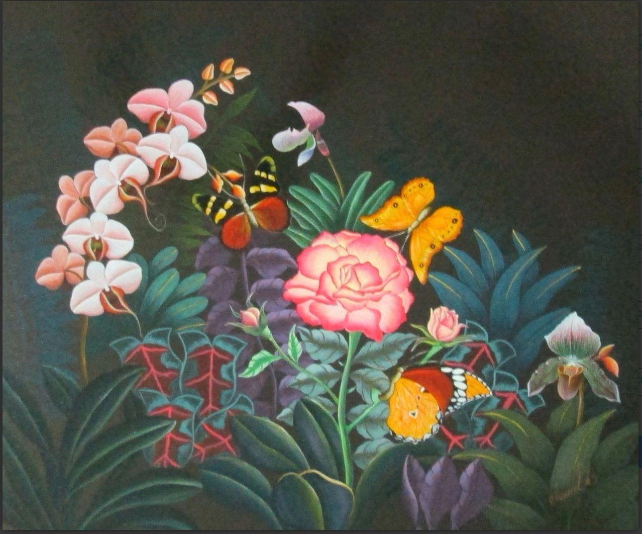 Andre Naval 20"x 24" White Orchid & Butterflies 2008 Oil on Board Painting #J7-HA