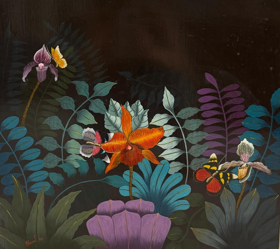 Andre Naval 20"x 32" Wild Orchids & Butterflies 1993 Oil on Board Painting #J1-HA