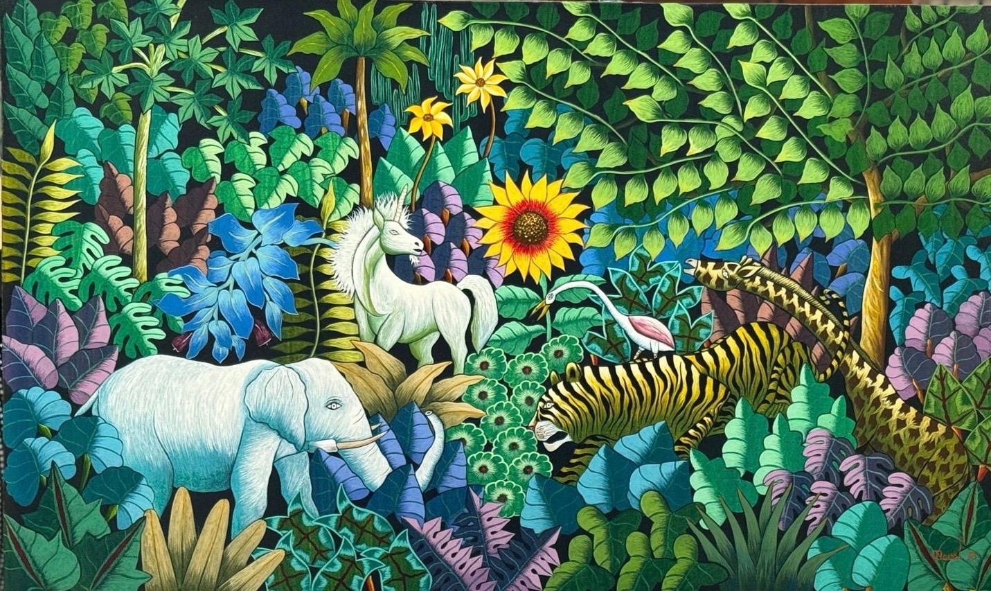 Andre Naval 20"x40" Jungle with White Elephant 2013 Oil on Canvas Painting #J20