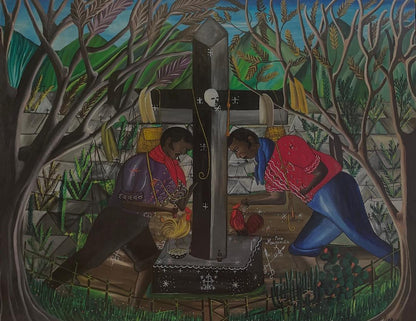 Andre Pierre (Haïtien, 1914-2005) "Cérémonie vaudou au cimetière" Peinture à l\'huile sur panneau sans cadre 50"hx 39"w #1GSN-NY