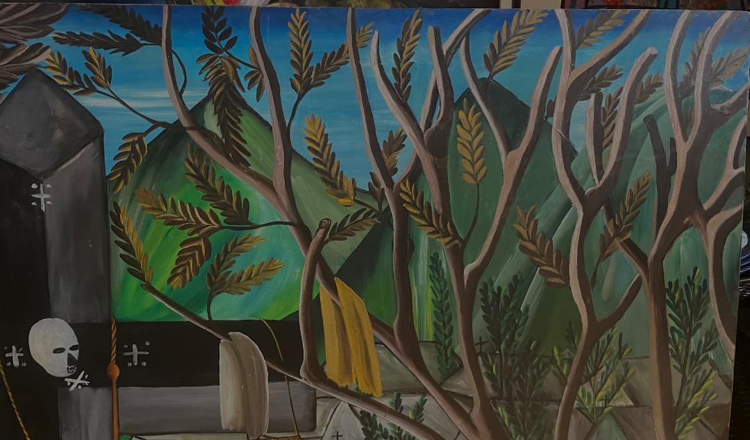 Andre Pierre (Haïtien, 1914-2005) "Cérémonie vaudou au cimetière" Peinture à l\'huile sur panneau sans cadre 50"hx 39"w #1GSN-NY