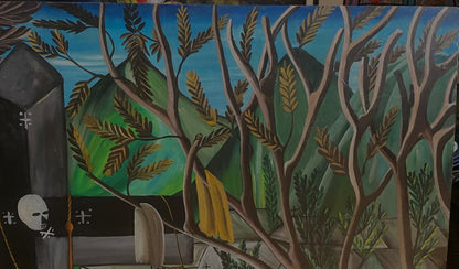 Andre Pierre (Haïtien, 1914-2005) "Cérémonie vaudou au cimetière" Peinture à l\'huile sur panneau sans cadre 50"hx 39"w #1GSN-NY