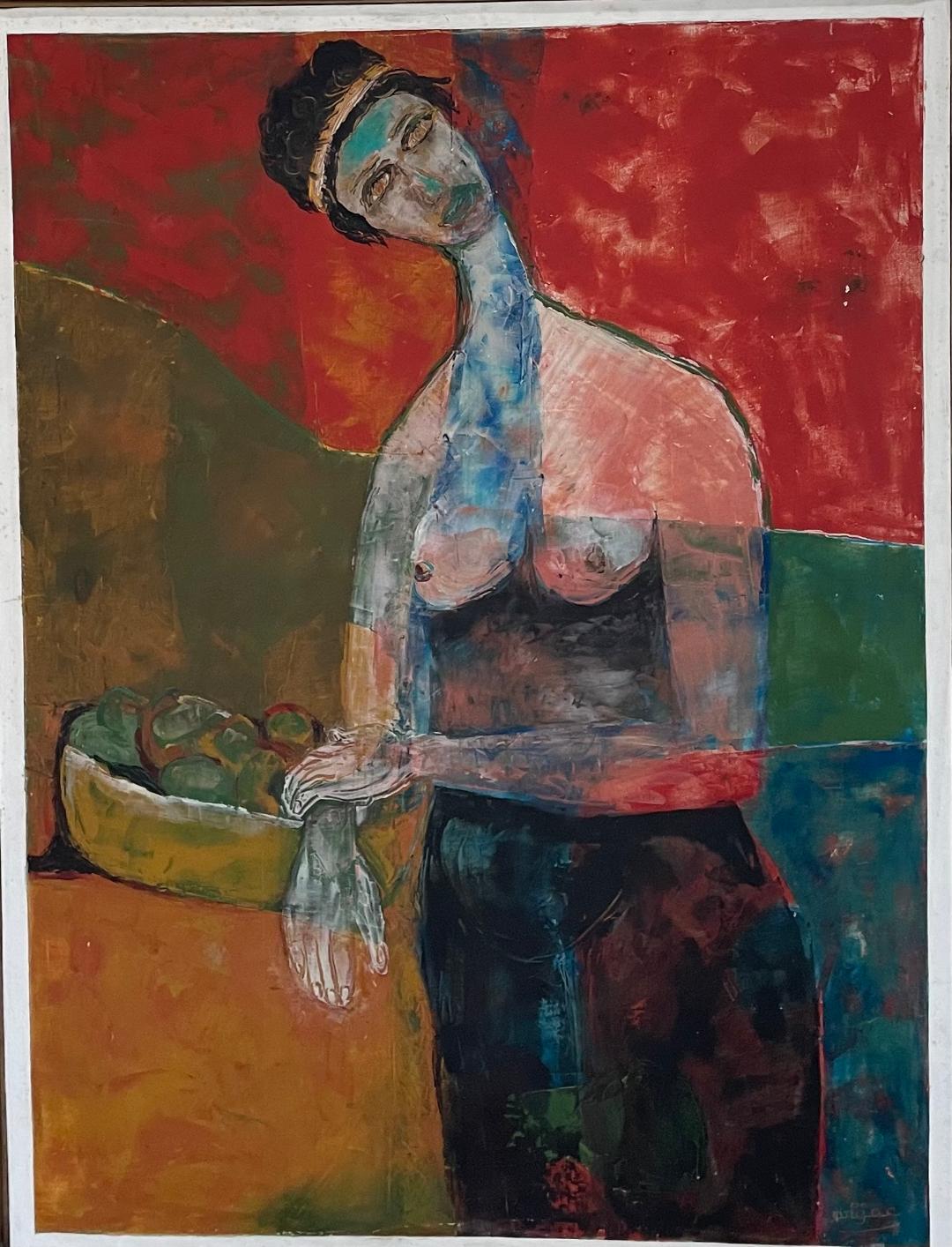 Harry Jacques (Arijac) 40"x30" The Lady Seller in Red 1992 Graded A  Encaustic on Canvas Painting #77-3-96AN