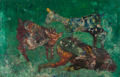 Gesner Armand (1936-2008) 39 ¾"  x 29 ¾" Goats Fight 1977 Oil on Board Painting #24-3-96GSN-Fondation Marie & Georges S. Nader