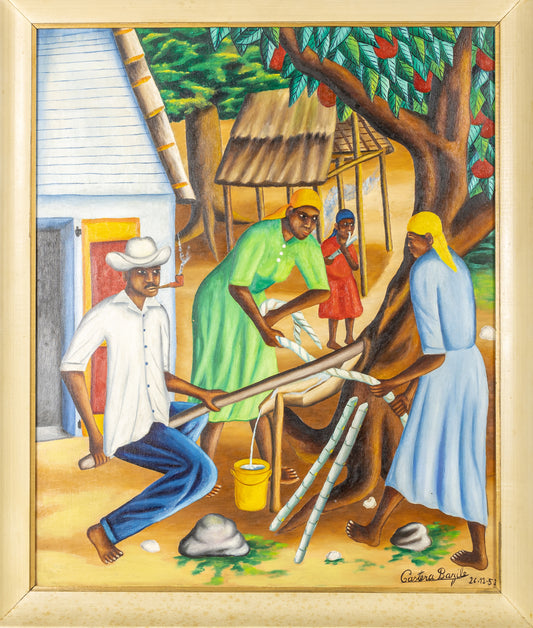 Castera Bazile (1923-1966) 23,50" x 18,50" Extraction du jus de canne à sucre 1952 Huile sur peinture encadrée Masonite #7SS