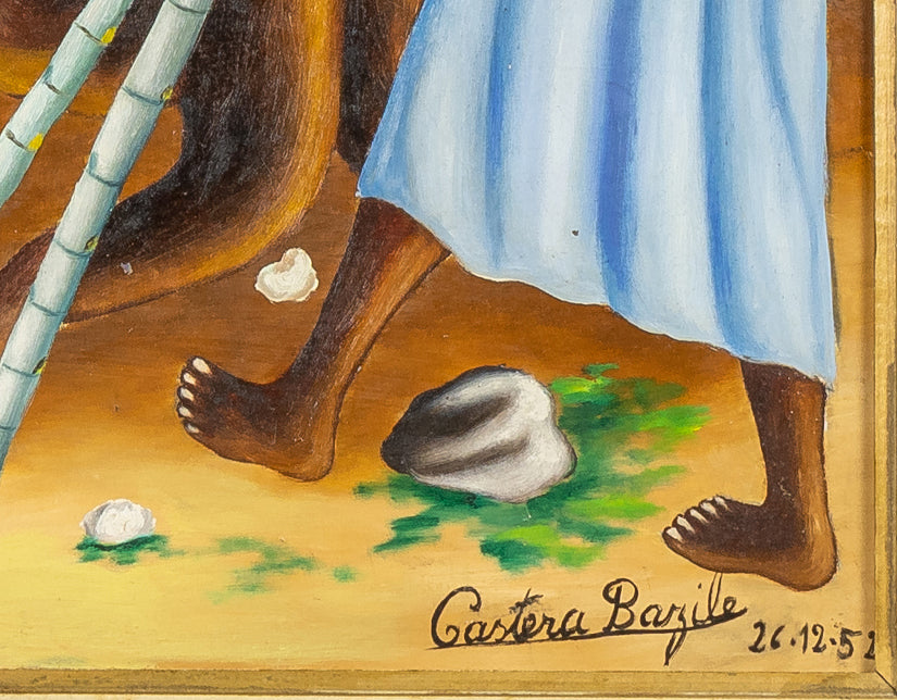 Castera Bazile (1923-1966) 23.50" x 18.50" Extracting Sugarcane Juice 1952 Oil on Masonite Framed Painting #7SS