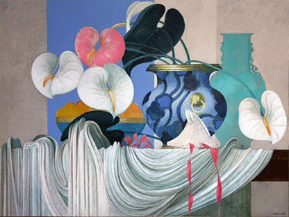 Bernard Sejourne (1947-1994) 48"x64" Nature morte avec des fleurs 1984 Acrylique sur carton Peinture encadrée #1MB