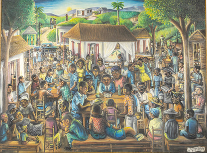 Wilson Bigaud (Haïtien, 1931-2010) 37,75"x47,75" Les Funérailles 1981 Huile sur toile Peinture encadrée #21SS