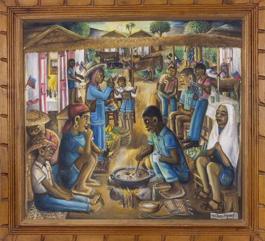 Wilson Bigaud (Haïtien, 1931-2010) 24"x27,25" Scène de village 1981 Huile sur toile Peinture encadrée #34SS