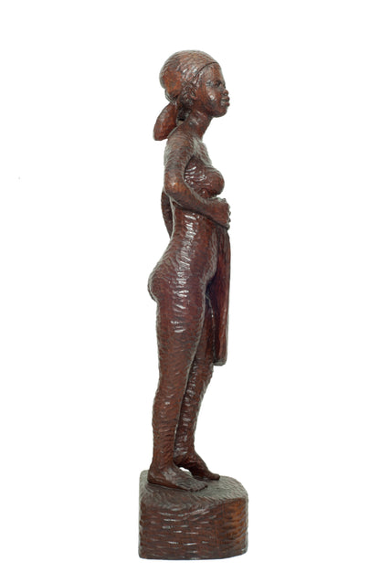 Ludovic Booz (1940-2015) 33"x7"x6'' Woman & Bag Hand-Carved in Mahogany Wood Sculpture #8-3-11GSN- Fondation Marie & Georges S. Nader