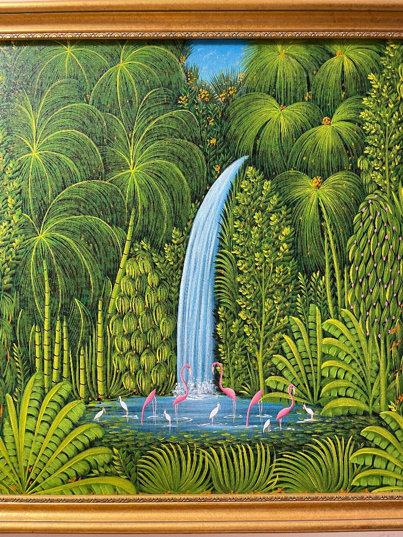 Henri-Robert Bresil 20"x24" Verdant Vegetation with Flamingos, Birds, Ibis & Cascade Oil on Canvas #2MFN