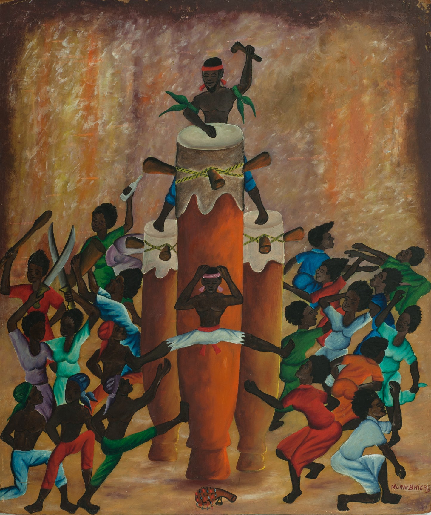 Murat Brierre (1938-1988) 24"x20" Three Drums & Dance 1972 Oil on Board Painting #6-10-88-Fondation Marie & Georges S. Nader