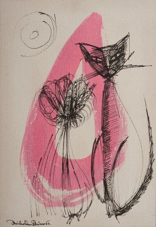 Micheline Brierre 8"x 15" Cat & Flower Abstract 1965 Gouache On Paper #11-3-09GSN-Fondation Marie & Georges S. Nader