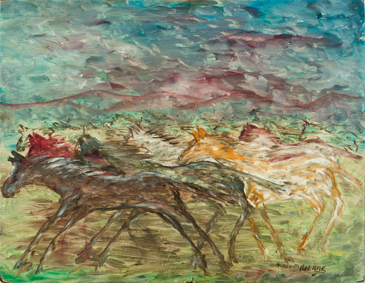 Murat Brierre (1938-1988) 24.75"x32" Abstract Horses 1971 Oil on Board Painting #7-10-88GSN-Fondation Marie & Georges S. Nader