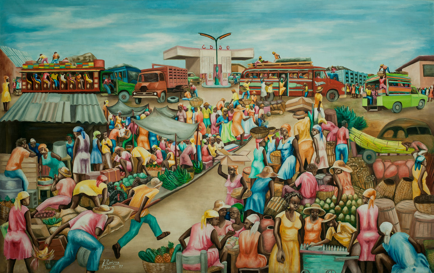 Jean-Elie Brisson (Haitian, dcd 2023) 43"x69" Busy Daily Life 1977 Acrylic on Canvas #8-4-90GSN-Fondation Marie & Georges S. Nader