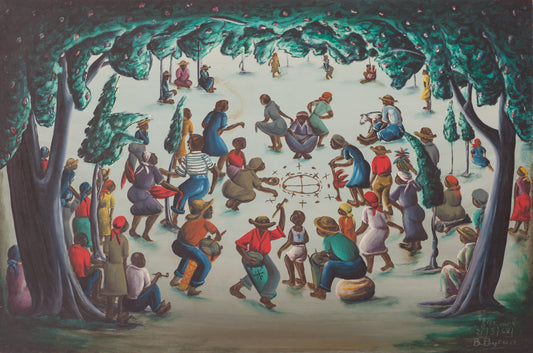 Bourmond Byron 24"x36" Vodou Ceremony Under Trees 1968 Oil on Carton Painting #24-3-96GSN-Fondation Marie & Georges S. Nader