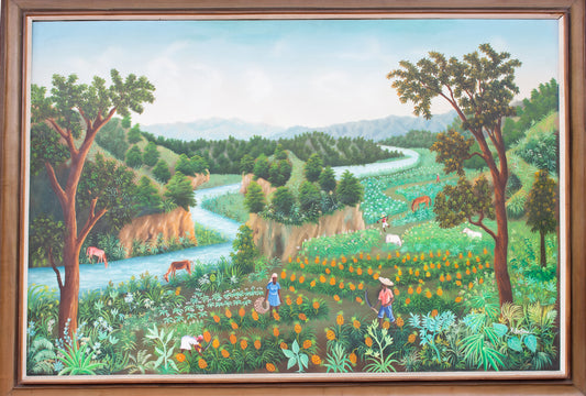 Raymond Dorleans (1947-2000) 47,25"x71,25" Paysage de champ 1980 Huile sur toile Peinture encadrée #31SS