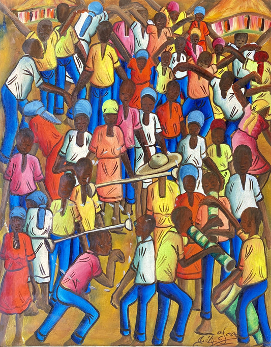 Félix Jean (Haïtien, 1929-1978) 20"x16" Street Rara c1970 Huile sur carton Peinture encadrée #1VL