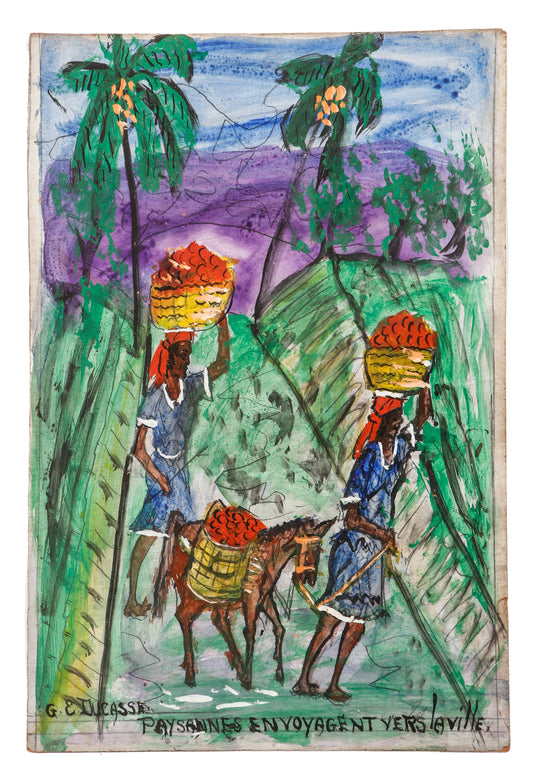 Gervais Emmanuel Ducasse (1903-1988) 24"x16" 1982 "Mujer campesina viajando hacia la ciudad" Óleo sobre tabla #22MFN