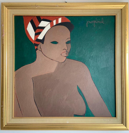 Jacques Gabriel (1934-1988) 24"x24" Portrait d'une femme au turban Huile sur masonite Peinture encadrée #1GSN-MIA