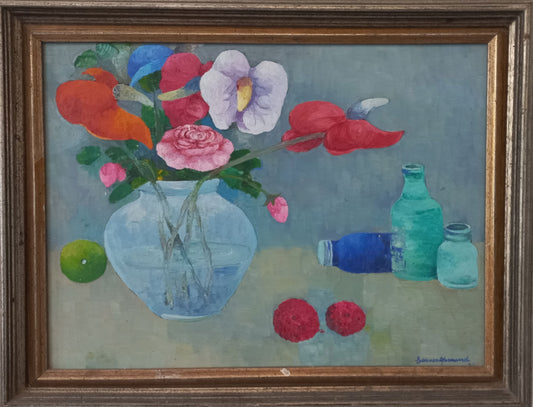 Gesner Armand (1936-2008) Vase de fleurs et de verres 12"x16" Huile sur carton des années 1960 Peinture encadrée #1MES