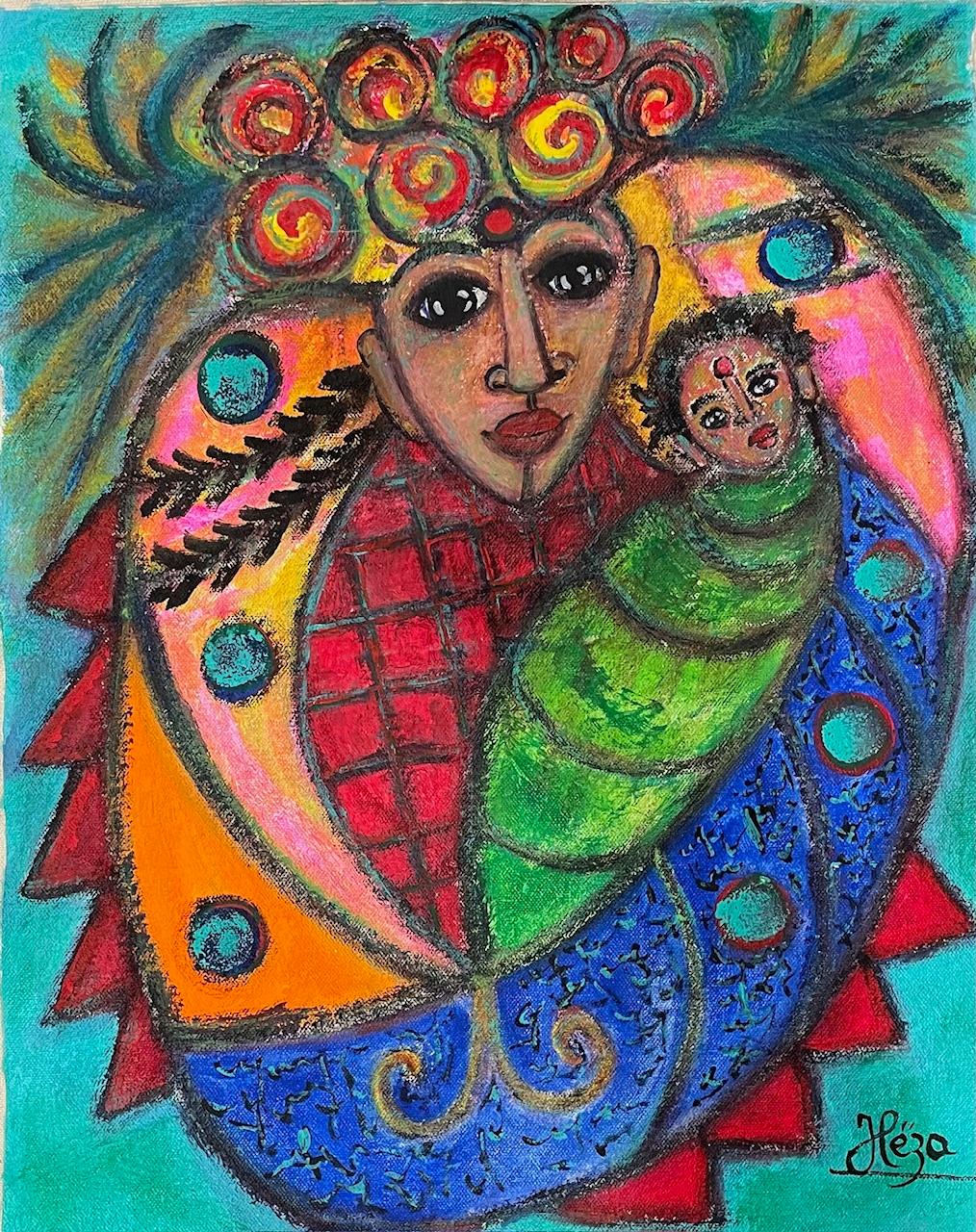 Heza Barjon 15"x12" Erzulie & Child (Green) 2022 Acrylic on Canvas Painting #3-JSB-NY