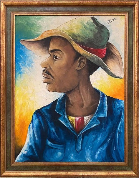 Jacques-Enguerrand Gourgue (1930-1996) 32"x24" Profile of of Man With Hat C1964 Oil on Board Painting #11-SM