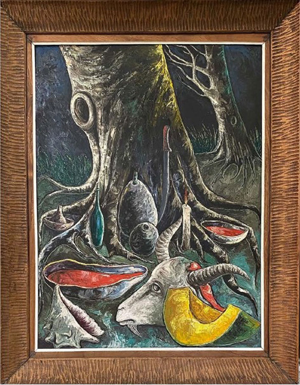 Jacques-Enguerrand Gourgue (1930-1996) 24"x30" Les Pigeons Huile sur toile encadrée #61-3-96GSN-MIA - Publié sur Peintres Haitiens, pp 256