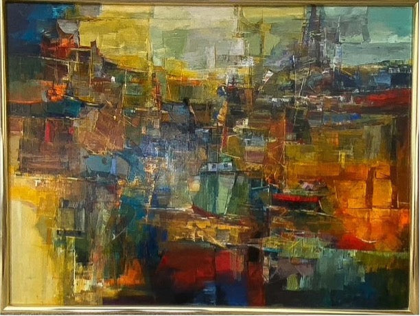 Jacques Valbrun (Haïtien, 1938-1992) 15"x25" Maisons abstraites Acrylique sur toile Peinture #1TC