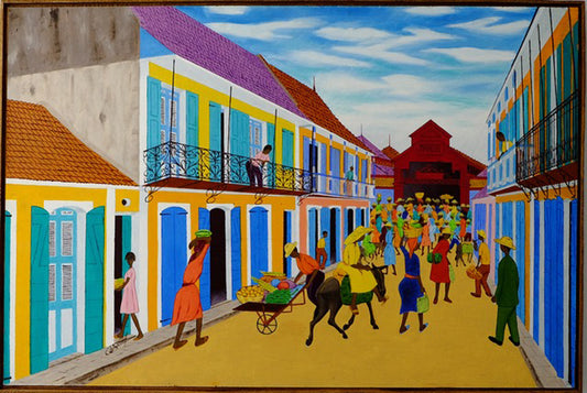 Jean-Baptiste Bottex (1918-1979) 24"x36" Cap-Haitian Streets  Oil on Board Framed Painting #1RS