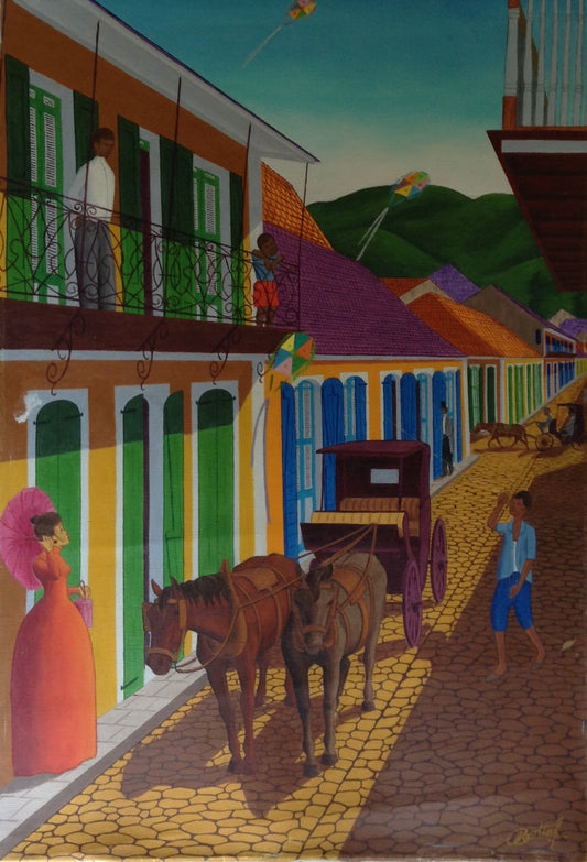 Jean-Baptiste Bottex (1918-1979) 36"x24" Carruaje en Cabo Haitiano Óleo sobre lienzo #1-2-95MFN