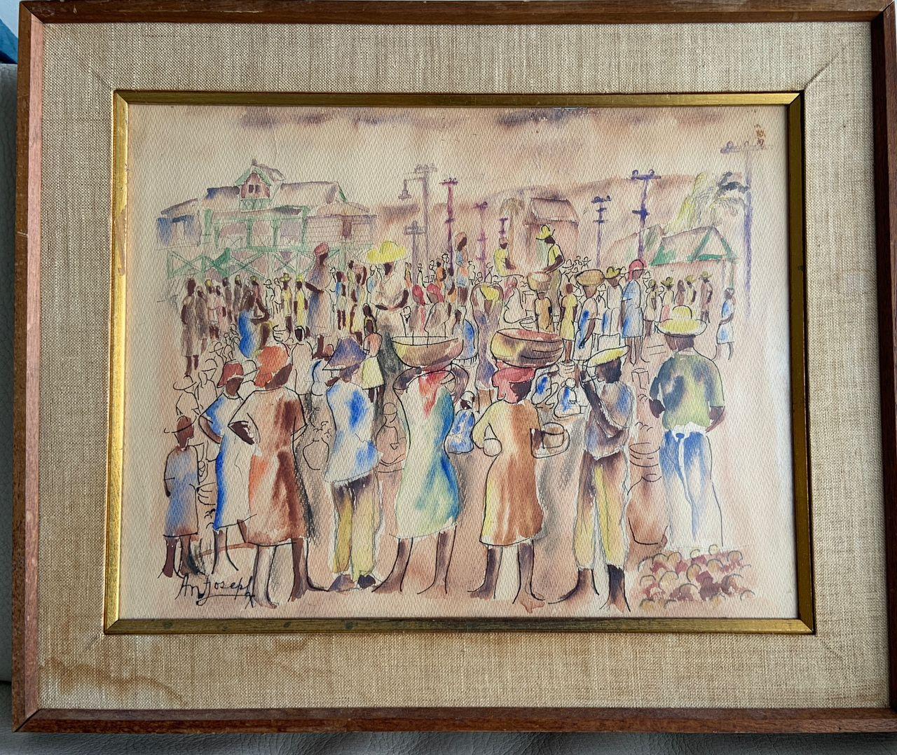 Antonio Joseph (1921-2016) 13.50"x17.50" Busy Market Scene c1945-46 Watercolor on Paper  #1J-HA