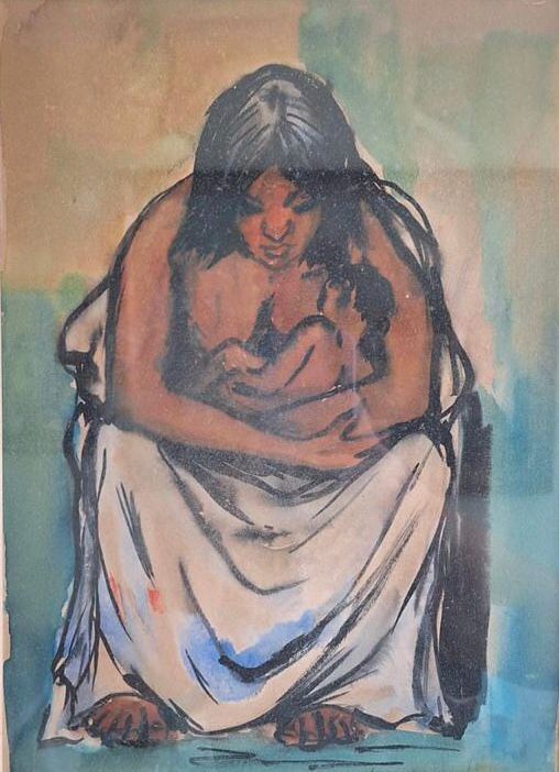 Juan Plutarco Andujar (1931-1995) 20"x16" Mother & Child Drawing on Paper #19FN