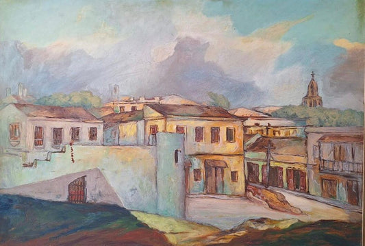 Juan Plutarco Andujar (1931-1995) 32.50"x45" Colonial Landscape  Oil on Board Painting #21FN