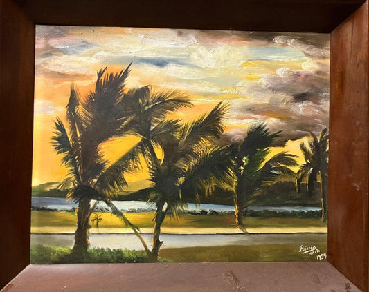 Louverture Poisson 15"x19.5" Haitia Sunset By The Beach 1959 Oil on Canvas Painting#2AT