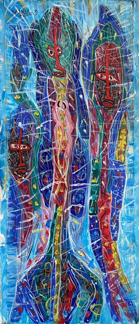 Maxan Jean Louis 39"x15" Figurative Abstract Acrylic on Canvas Painting #9JN-HA