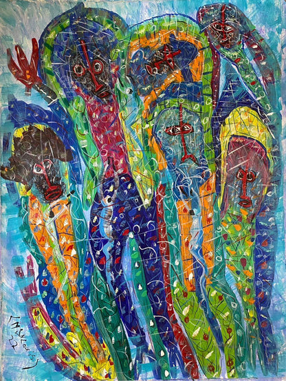 Maxan Jean Louis 40"x30" Abstract Figures 2022 Acrylic on Canvas Painting #7JN-HA