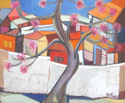 Michele Manuel (1935-2022) 10"x12 » L'arbre 1990 Acrylique sur toile Peinture #J310