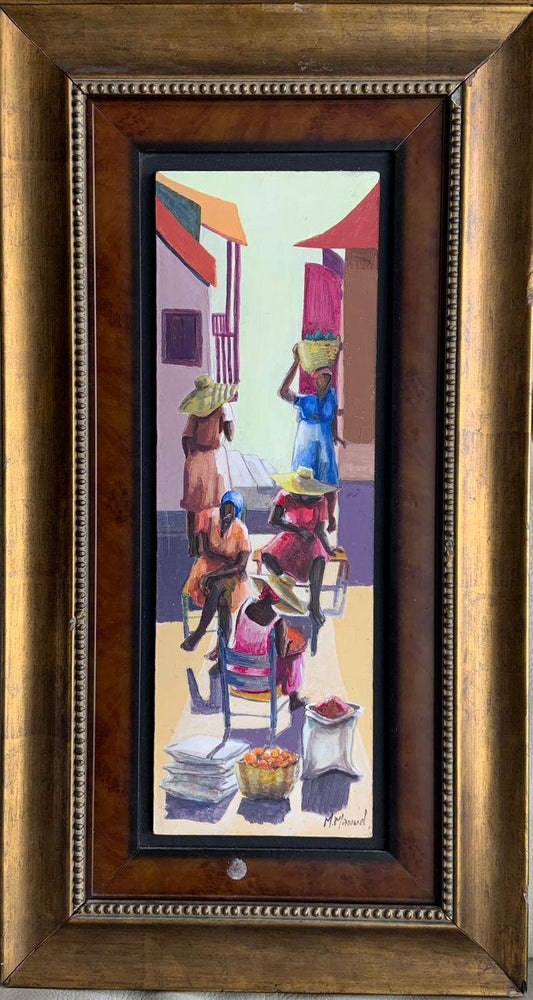 Michele Manuel (1935-2022) "Scene de Marche" 1998 Framed Acrylic on Masonite Painting 24"h x 8"w #2GSN-MIA