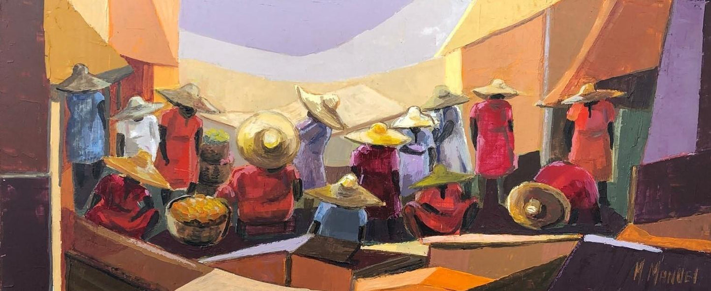 Michele Manuel 7.5"x18" Open Market  Acrylic on Masonite Painting #1EB