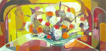 Michele Manuel (1935-2022) Vase de fleurs 18"x36" 1962 Acrylique sur toile Peinture #J409