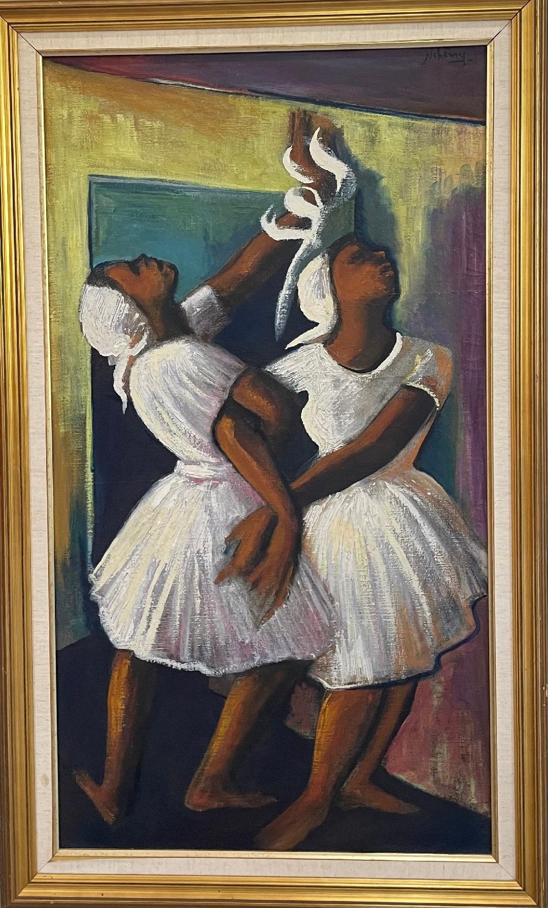 Néhémy Jean (1931-2007) 40"x22" Two Haitian "Mambo" Dancers Oil on Canvas Panting #12-3-96AN