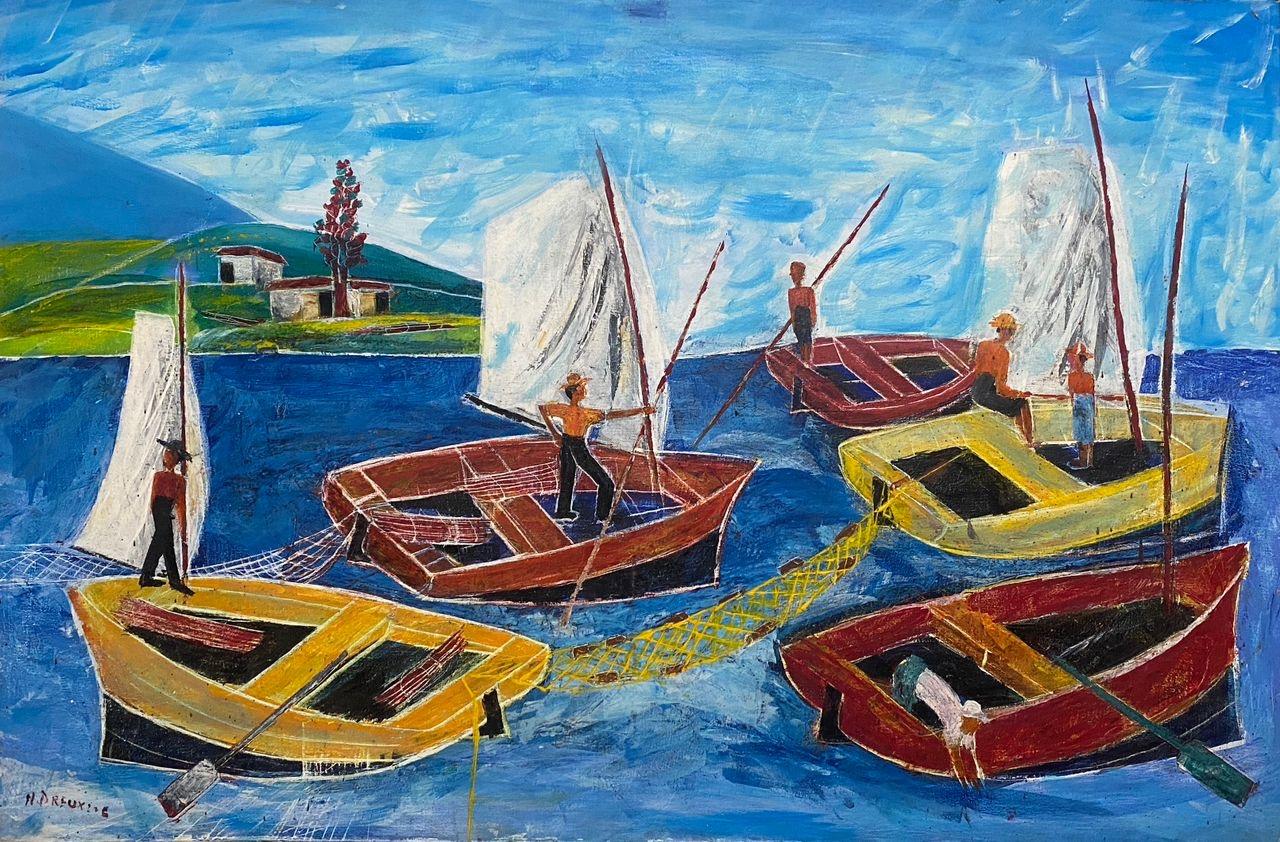 Nicolas Dreux (1956-2021) 24"x36" Four Boats + Three Houses Acrylic on Canvas Painting#10JN-HA