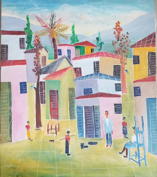 Nicolas Dreux (1956-2021) 31"x36" Scène de village avec personnages Acrylique sur toile Peinture #7JN-HA 