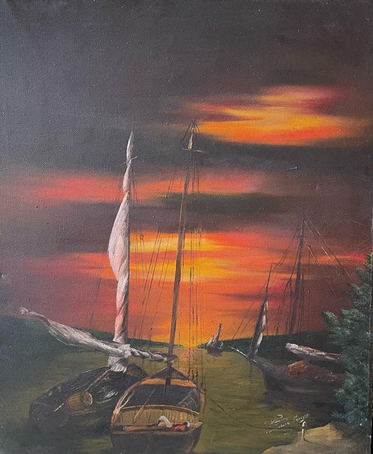 Louverture Poisson (1914-1985) 24"x20" Marine nocturne 1980 Huile sur toile Peinture non encadrée